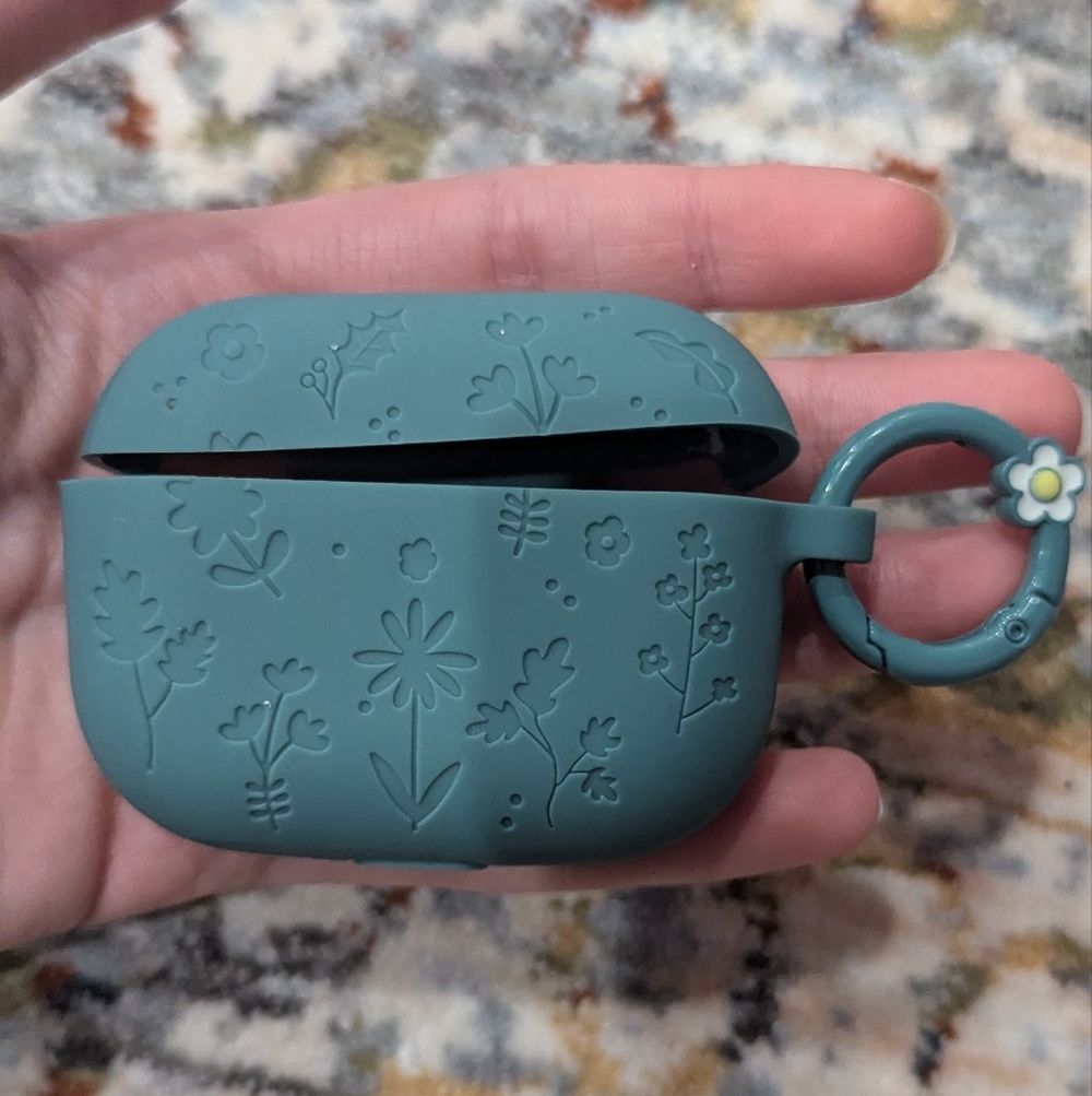 Floral Teal AirPods Case with Keychain And Cleaning Tool